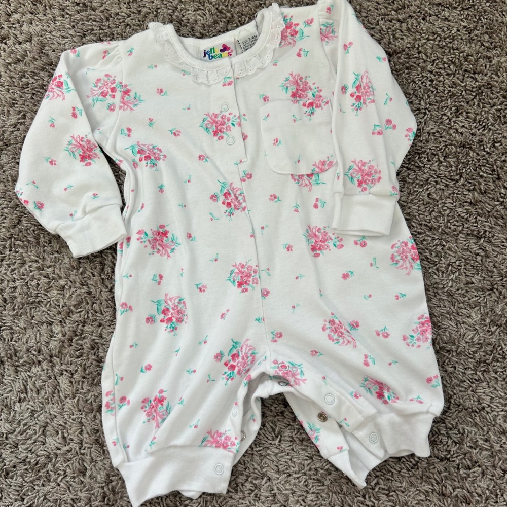 Vintage Jelly Beans Baby Floral Romper Lace Collar White Pink 3/6M Long‎ Sleeve